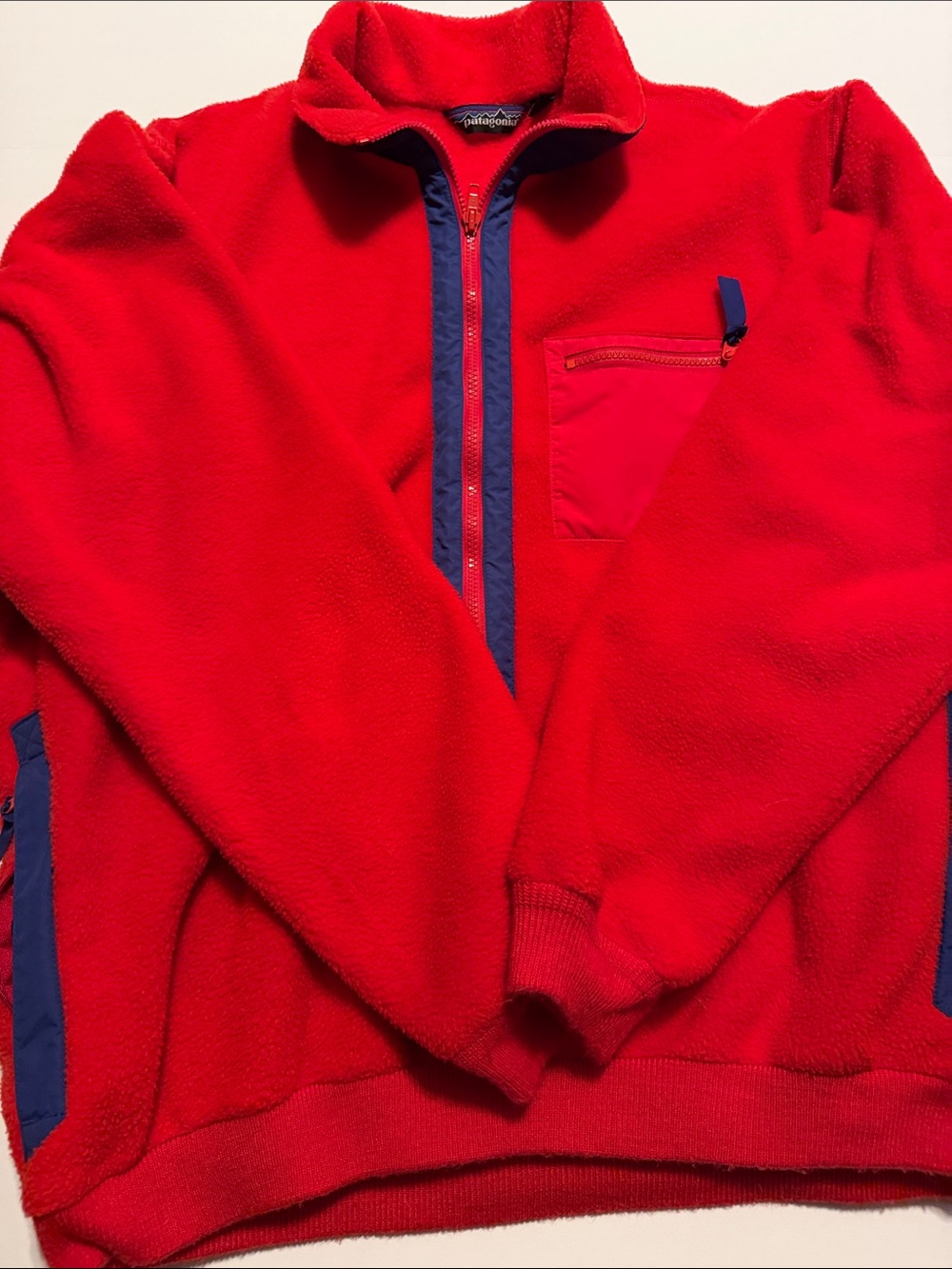 Vintage Patagonia Men's Red Fleece Pullover with Zip Chest Pocket
